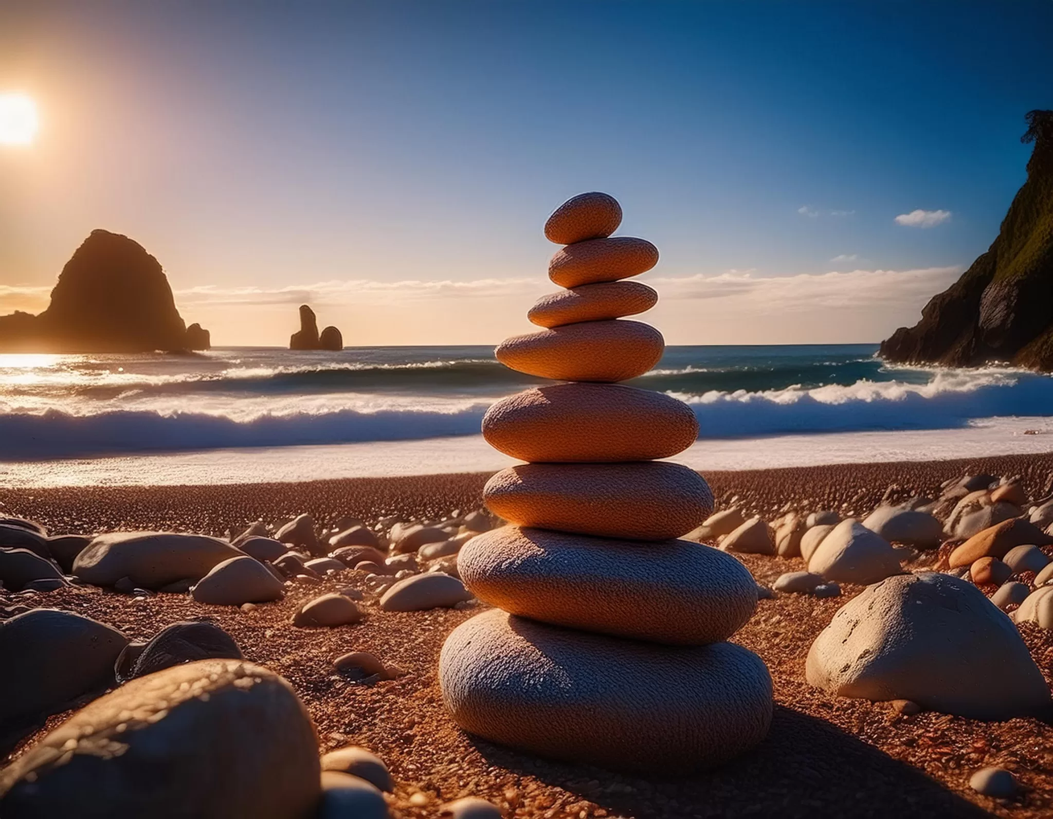 rocks stacked in perfect alignment on a beach