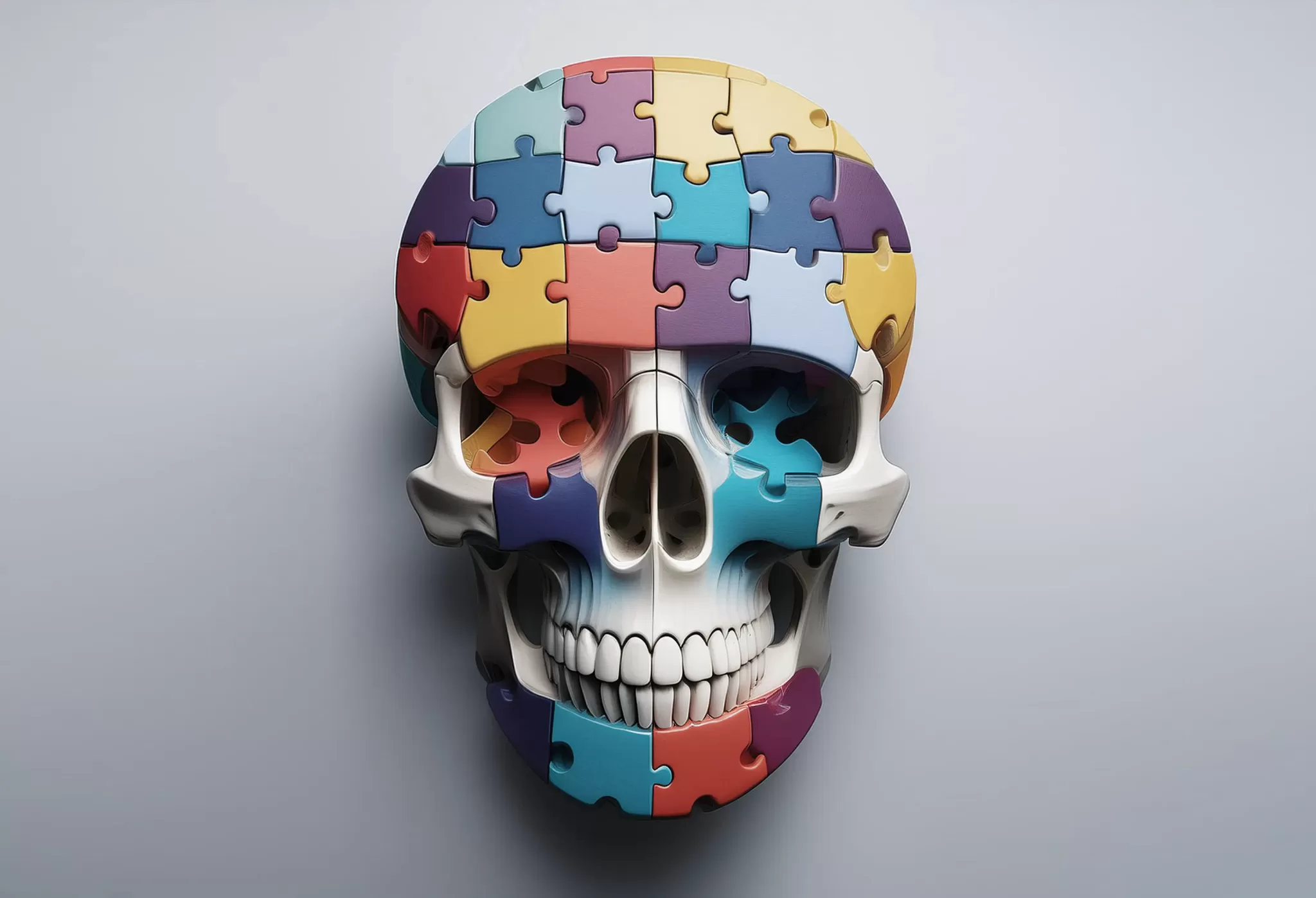 a human skull painted and divided up like a puzzle