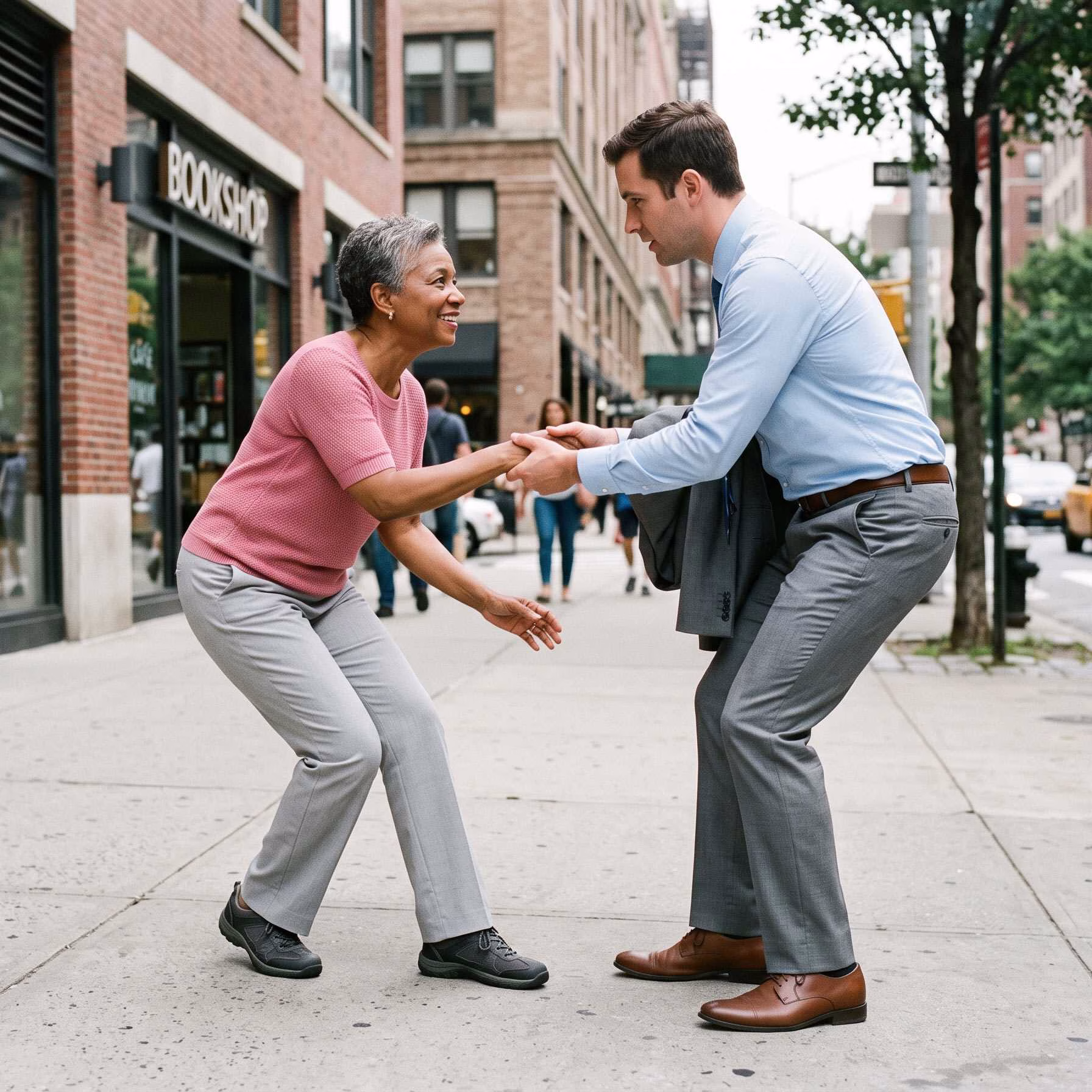 a woman, who had just fallen onto the pavement, is helped up by a stranger