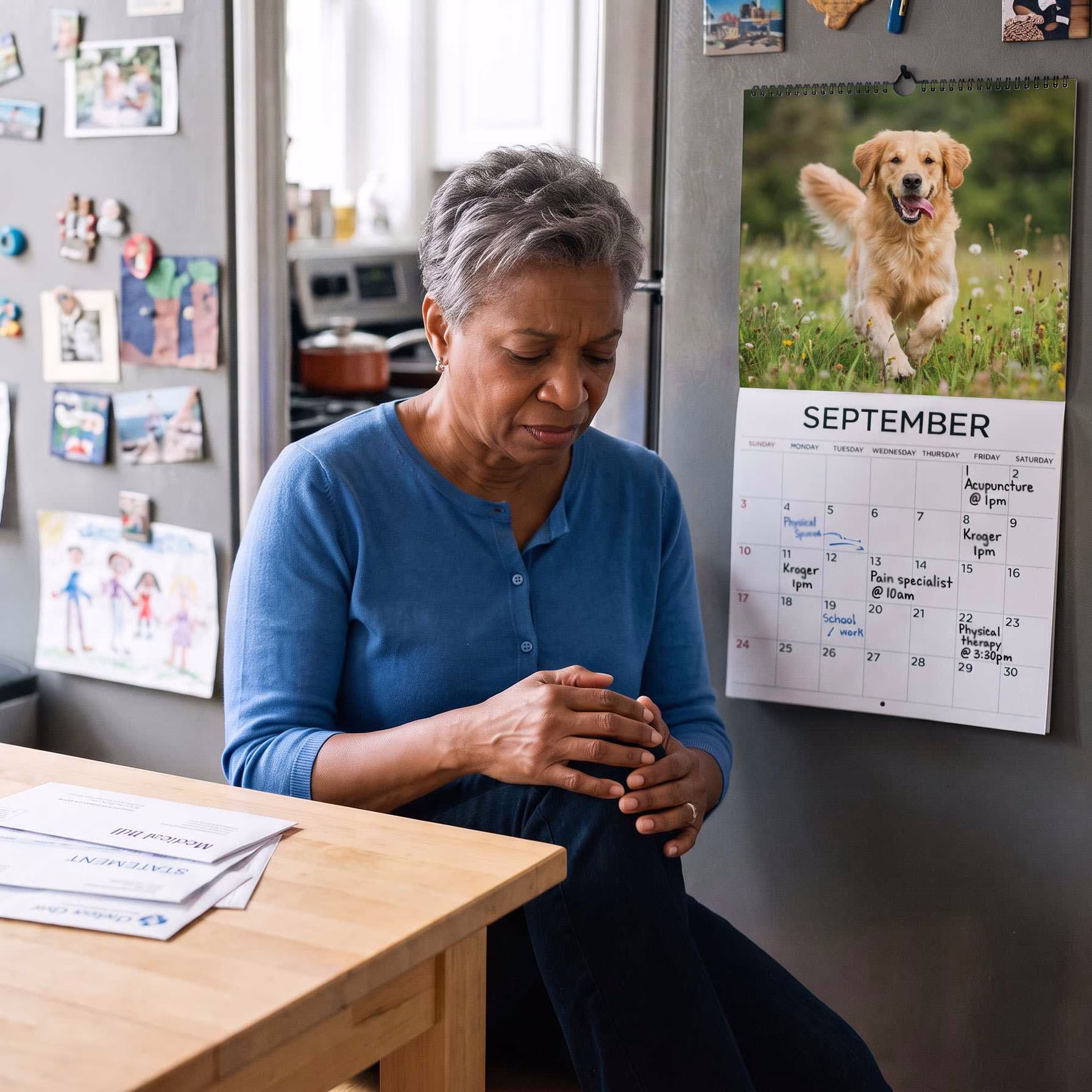 the same woman as above sits in her kitchen, bills and appointments piling up around her now increasing list of symptoms