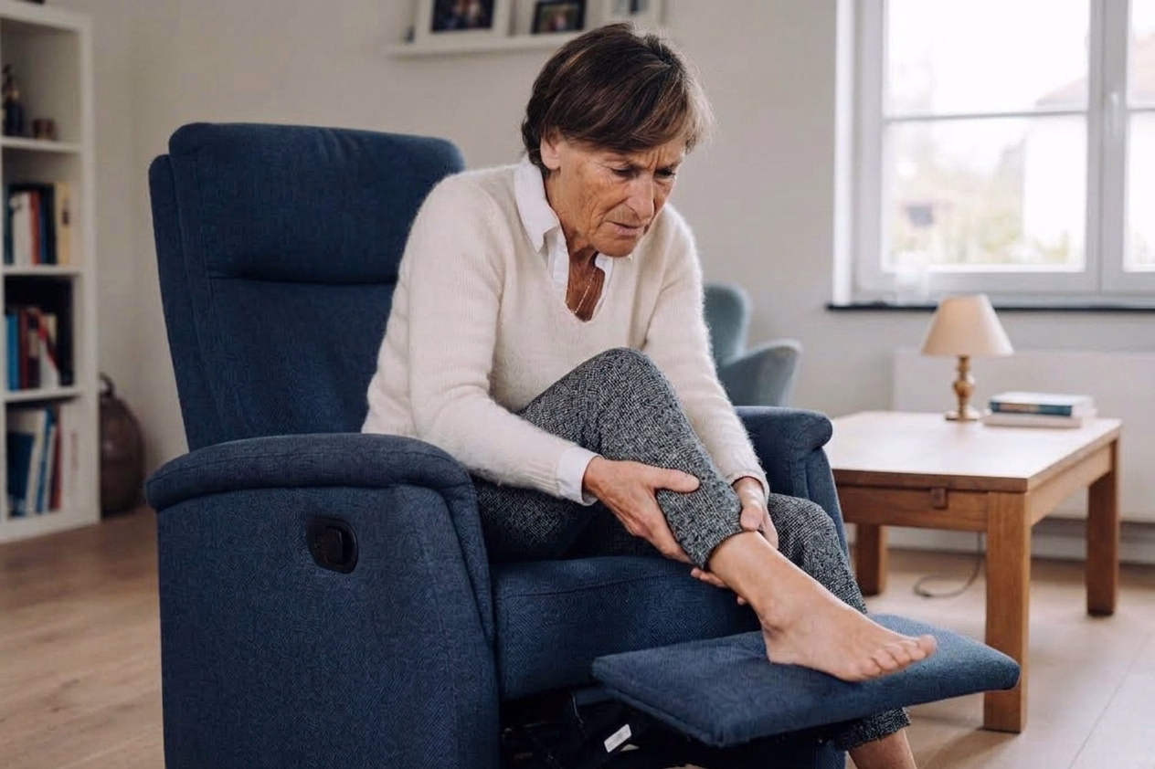a woman sits in her recliner, feeling at a pain in her calf